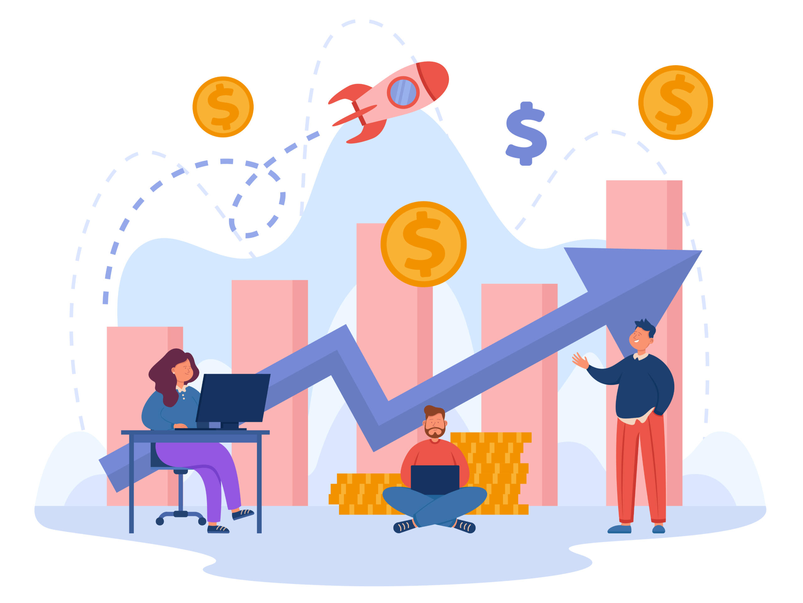 A team working near the profit chart to increase growth.